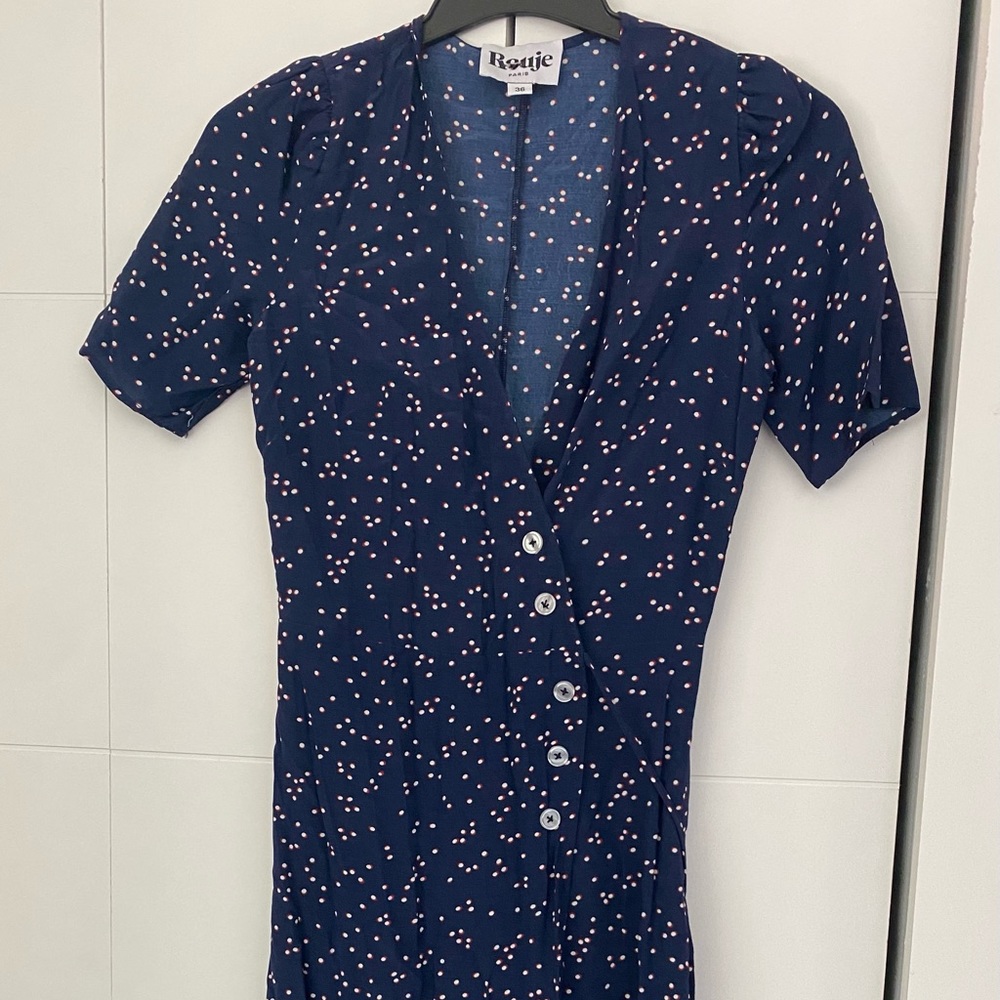 Rouje Midi Wrap Dress Navy Polka Dot Sz S 36